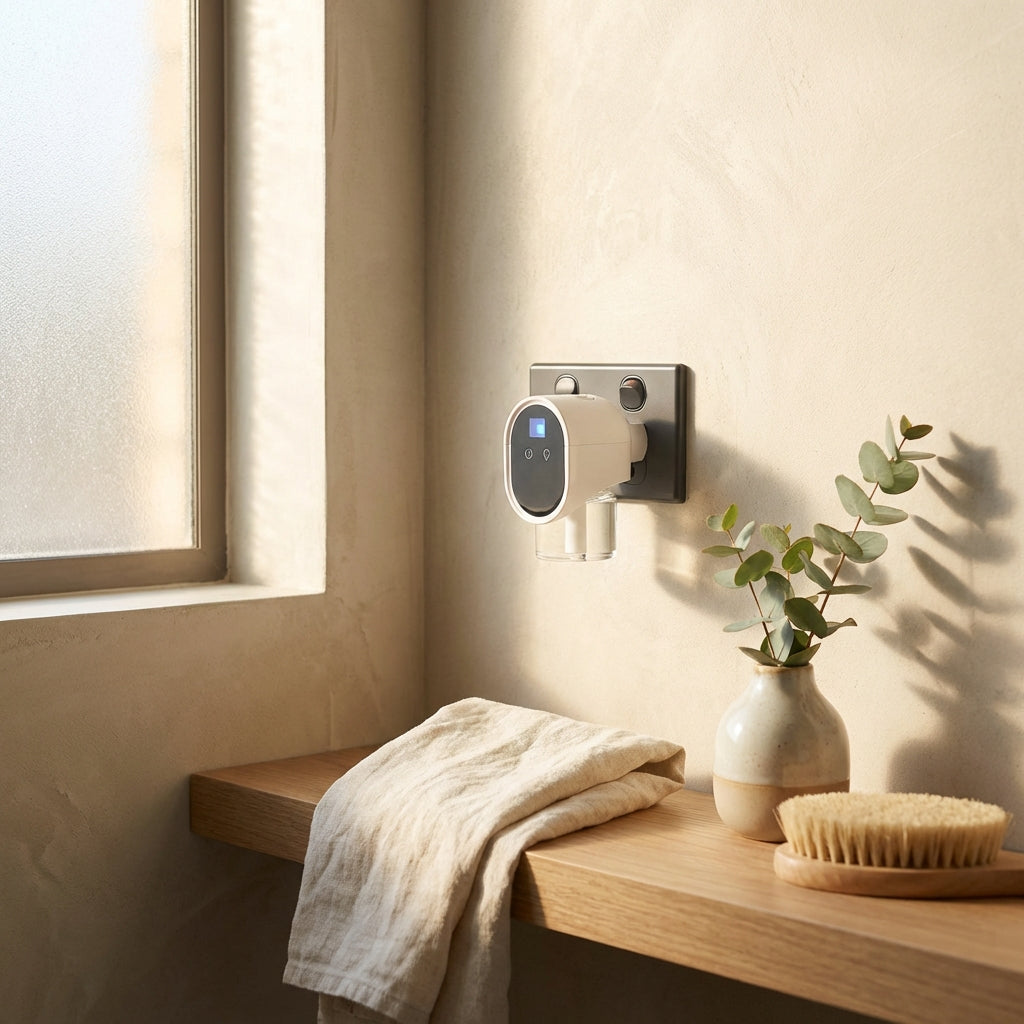 Smart home fragrance device mounted on a wall next to a window with a plant and towel on a wooden surface.